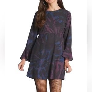 Modcloth Long Bell Sleeve Dress Womens Size Large Watercolor Print Boho Dress